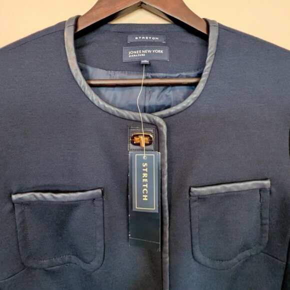 NWT Jones New York Swiss Navy Blazer 4-Pocket Jacket with Vegan Leather Piping - Picture 4 of 5